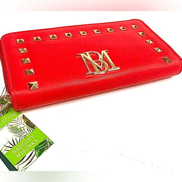 Badgley Mischka Red Large Zip around Wallet - Glam Gold Studs & Hardware! - Picture 4 of 7